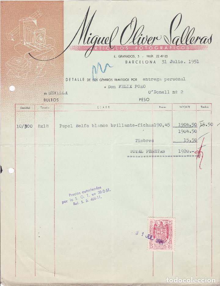 Facturas antiguas: Factura. Miguel Oliver Salleras. Art&iacute;culos Fotogr&aacute;ficos. Barcelona 1951