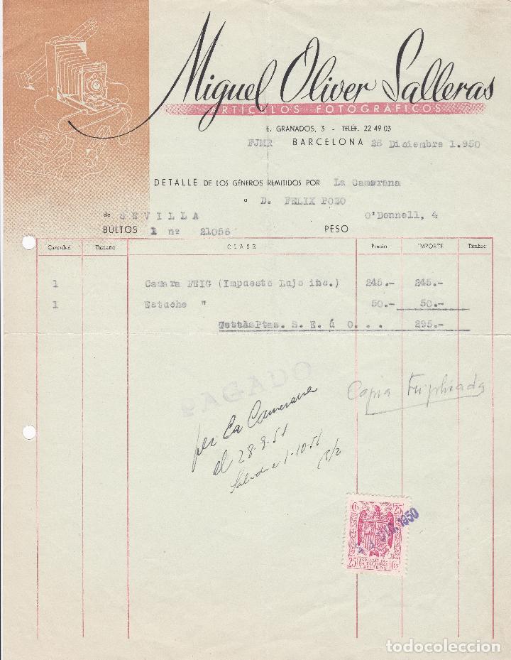 Facturas antiguas: Factura. Miguel Oliver Salleras. Art&iacute;culos Fotogr&aacute;ficos. Barcelona 1950