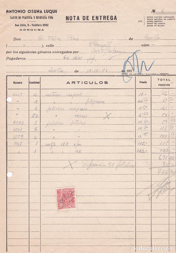 Facturas antiguas: Factura. Antonio Osuna Luque. Taller de plater&iacute;a y bisuter&iacute;a fina. C&oacute;rdoba 1951