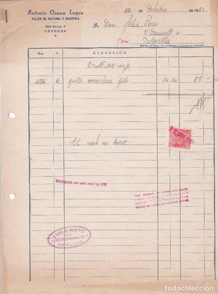 Facturas antiguas: Factura. Antonio Osuna Luque. Taller de plater&iacute;a y bisuter&iacute;a fina. C&oacute;rdoba 1951