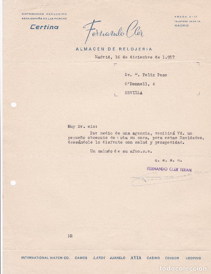 Facturas antiguas: Factura. Fernando Cler. Almac&eacute;n de relojer&iacute;a. Madrid 1957