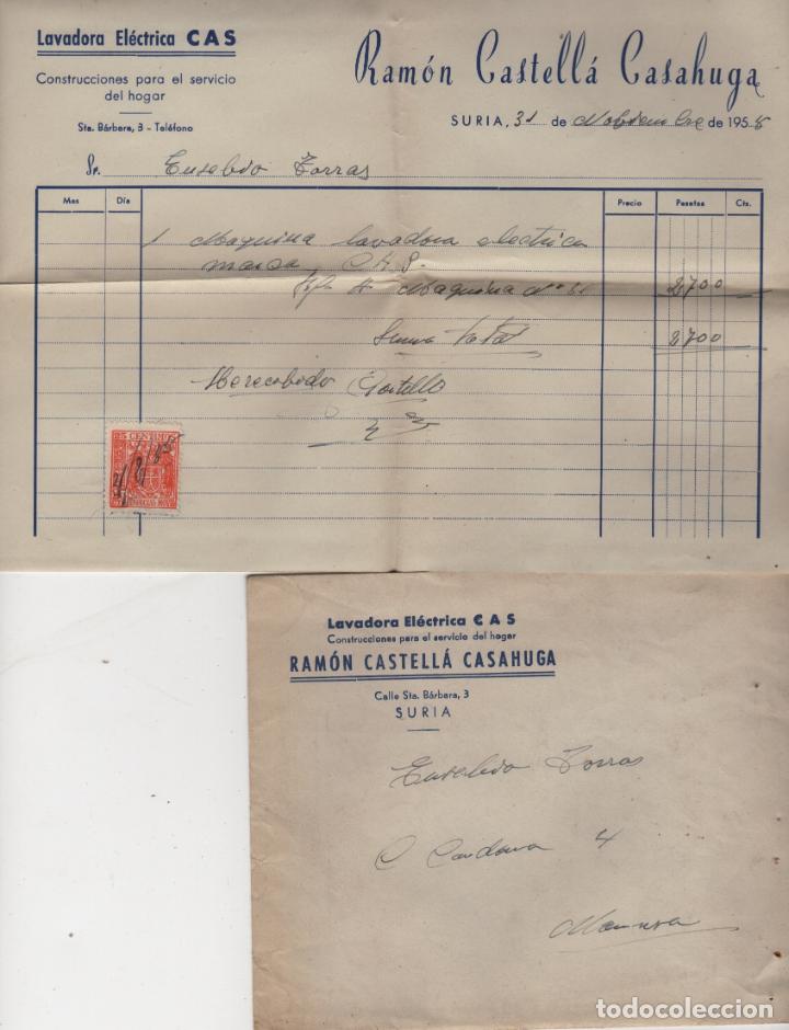 Facturas antiguas: factura con sobre lavadora electrica cas ramon castella casahuga 1958 suria