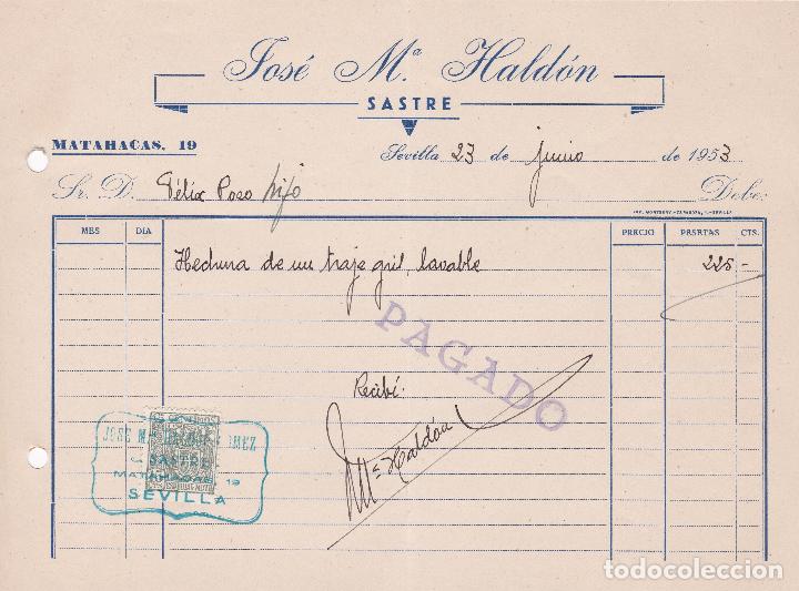Factures anciennes: Factura. Jos&eacute; M&ordf; Hald&oacute;n. Sastre. Sevilla 1953