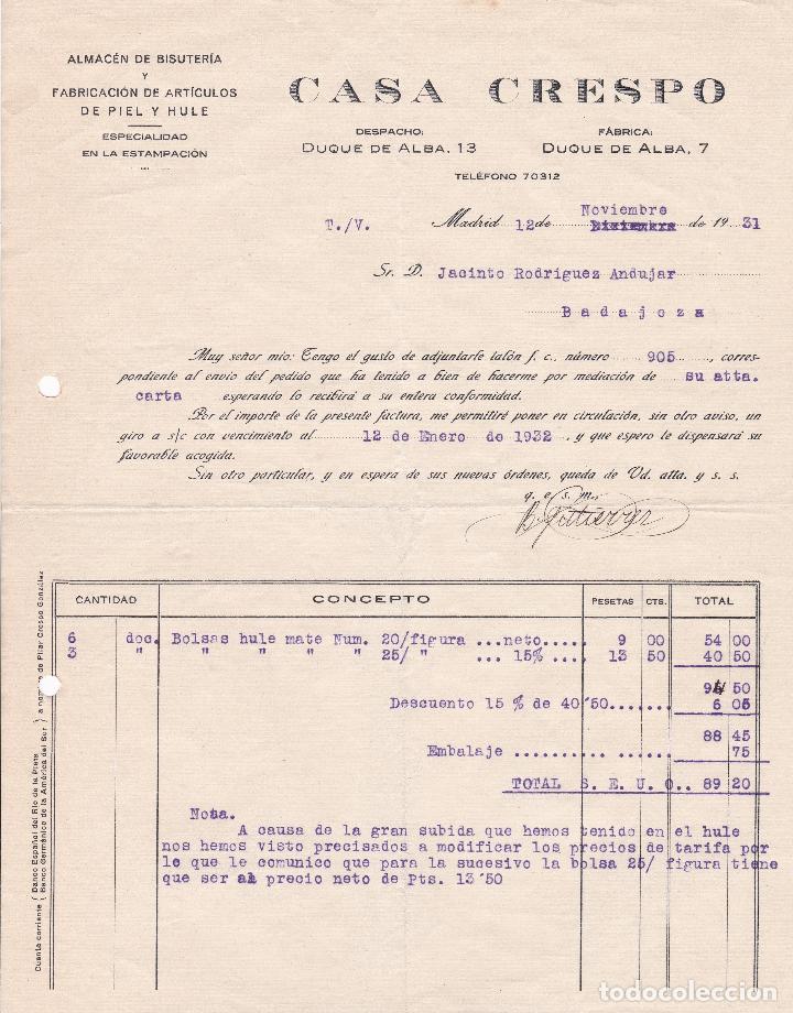 Facturas antiguas: Factura. Casa Crespo. Almac&eacute;n de bisuter&iacute;a y fabricaci&oacute;n de art&iacute;culos de piel y hule. Madrid 1931