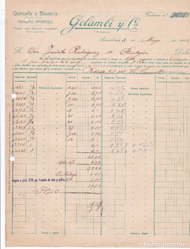 Facturas antiguas: Factura. Gelambi y C&ordf;. Quincalla y bisuter&iacute;a. Barcelona 1916