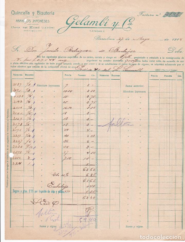 Facturas antiguas: Factura. Gelambi y C&ordf;. Quincalla y bisuter&iacute;a. Barcelona 1916