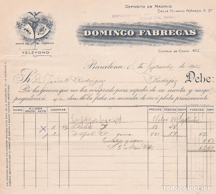 Facturas antiguas: Factura. Domingo F&aacute;bregas. Barcelona 1916