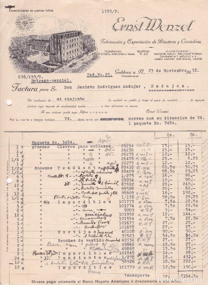 Facturas antiguas: Factura. Ernst Menzel. Fabricaci&oacute;n y Exportaci&oacute;n de bisuter&iacute;a y Cristaler&iacute;a. Checoslovaquia 1932