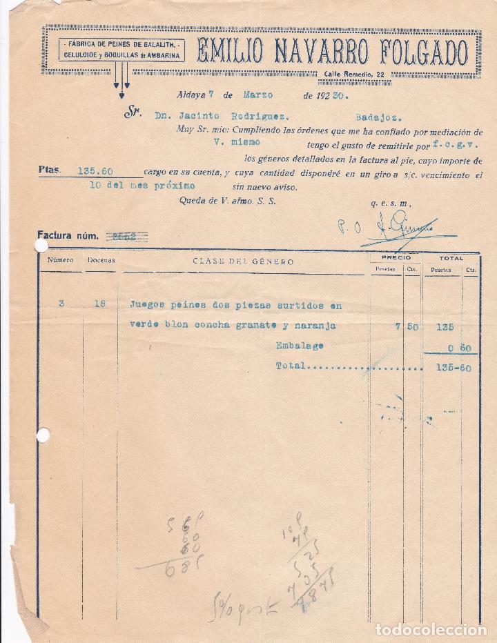 Facturas antiguas: Factura. Emilio Navarro Folgado. F&aacute;brica de peines de Galalith. Aldaya 1930