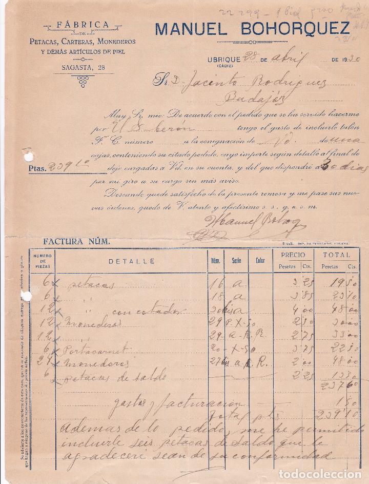 Facturas antiguas: Factura. Manuel Bohorquez. F&aacute;brica art&iacute;culos de piel. Ubrique 1930