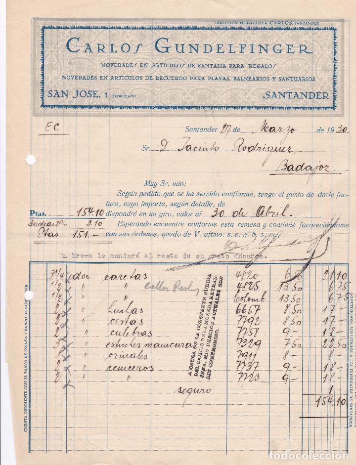 Facturas antiguas: Factura. Carlos Gundelfinger. Articulos de fantas&iacute;a para regalos. Santander 1930