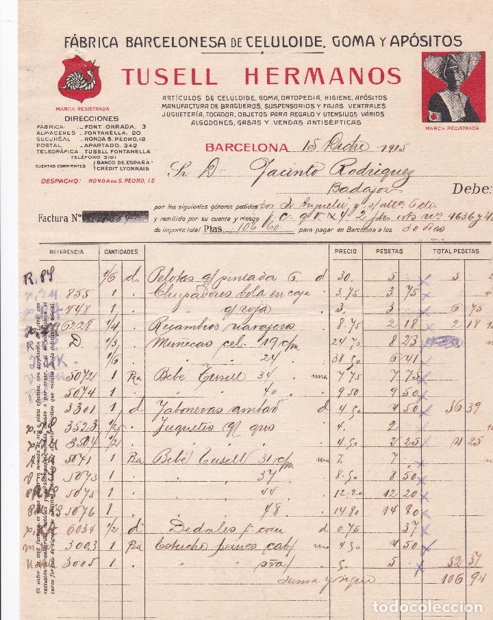 Faturas antigas: Factura. Tusell Hermanos. F&aacute;brica Barcelonesa de celuloide, goma y ap&oacute;sitos. Barcelona 1915