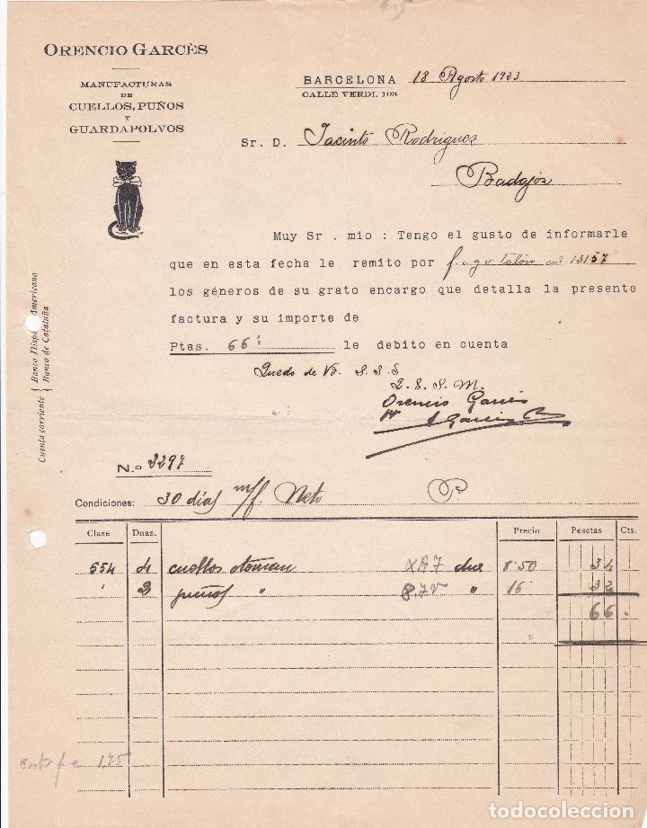 Facturas antiguas: Factura. Orencio Garc&eacute;s. Manufacturas de cuellos, pu&ntilde;os y guardapolvos. Barcelona 1923
