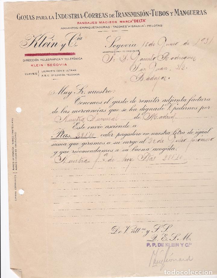 Facturas antiguas: Factura. Klein y C&iacute;a. Gomas para la Industria. Segovia 1931