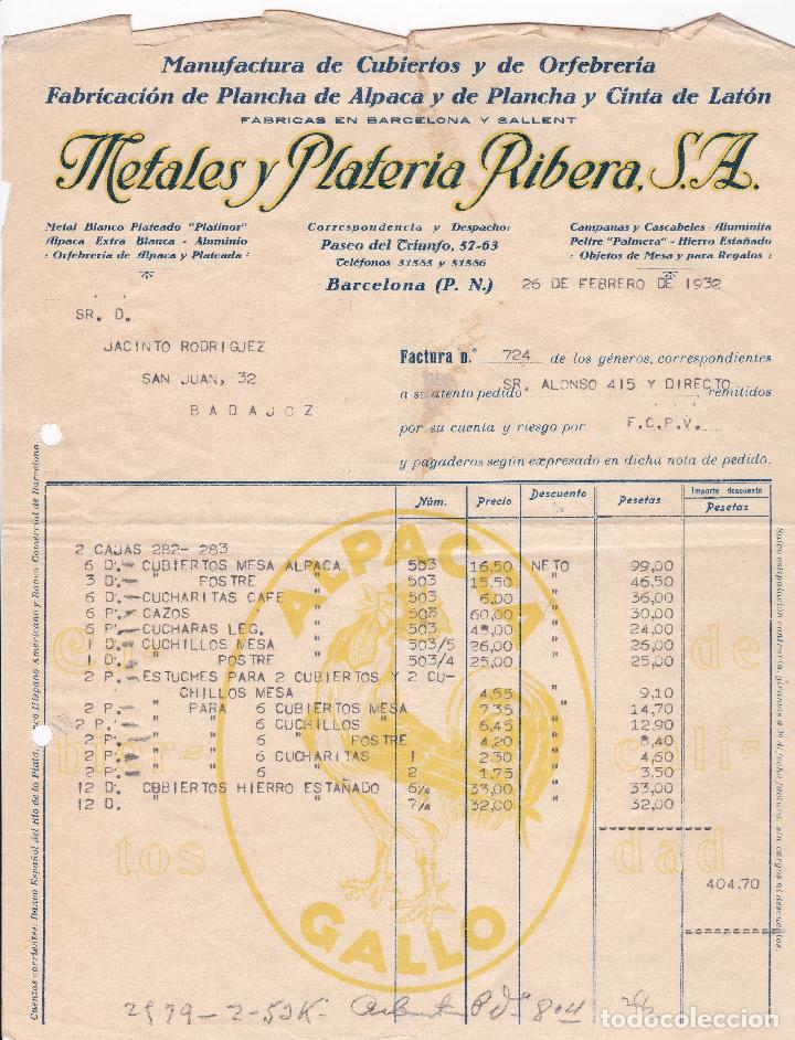 Facturas antiguas: Factura. Metales y Plater&iacute;a Ribera S.A. Orfebrer&iacute;a. Barcelona 1932