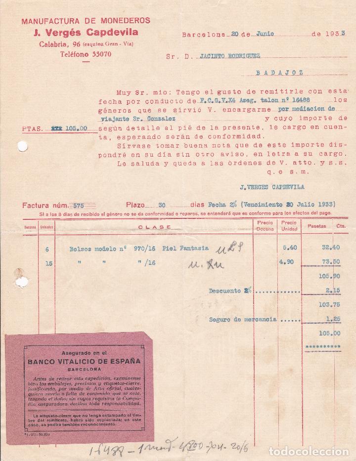 Facturas antiguas: Factura. J. Verg&eacute;s Capdevila. Manufactura de monederos. Barcelona 1933