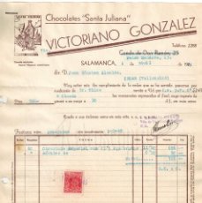 Factures anciennes: FACTURA CHOCOLATES SANTA JULIANA. VICTORIANO GONZÁLEZ. SALAMANCA 1939. Lote 195892703