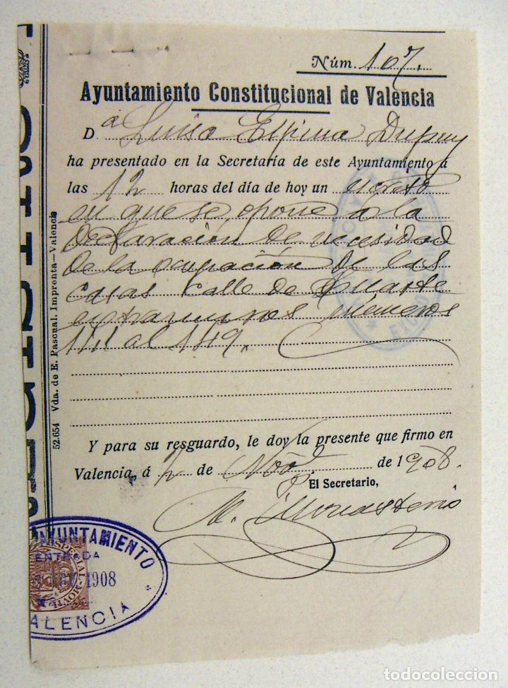 Facturas antiguas: DOCUMENTO AYUNTAMIENTO CONSTITUCIONAL DE VALENCIA 1908 - Foto 1