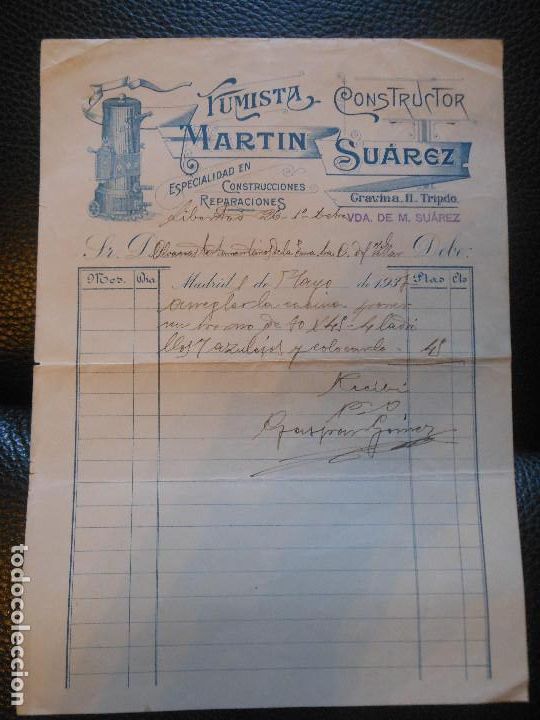 Facturas antiguas: FACTURA DE MADRID FUMISTA CONSTRUCTOR MARTIN SUAREZ 1930 - Foto 1