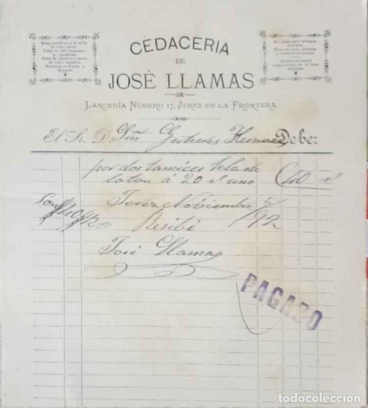Factures anciennes: Factura. Jos&eacute; Llamas. Cedacer&iacute;a. Jerez de la Frontera. 1892