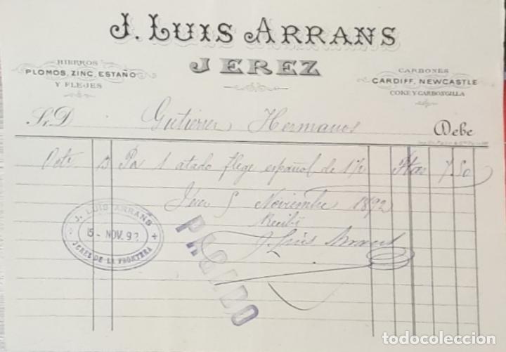 Factures anciennes: Factura. J. Luis Arrans. Hierros-plomos-zinc-esta&ntilde;o y flejes. Jerez 1892