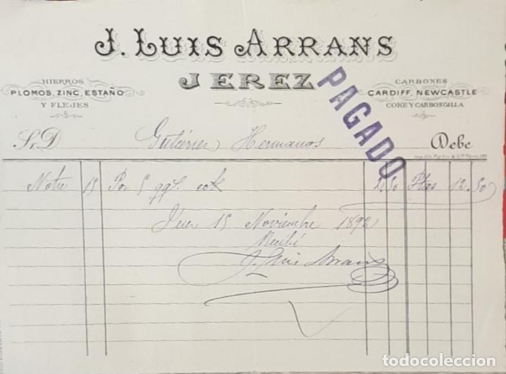 Factures anciennes: Factura. J. Luis Arrans. Hierros-plomos-zinc-esta&ntilde;o y flejes. Jerez 1892