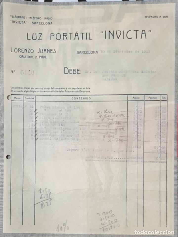 Faturas antigas: Factura. Lorenzo Juanes. Luz Port&aacute;til Invicta. Barcelona 1923
