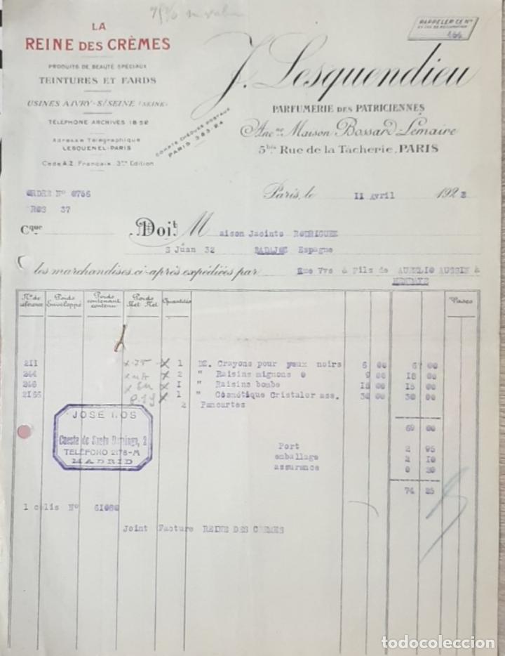 Old Invoices: Factura. J. Lesquendieu. La Reine des Cr&eacute;mes. Parfumerie des patriciennes. Par&iacute;s 1923