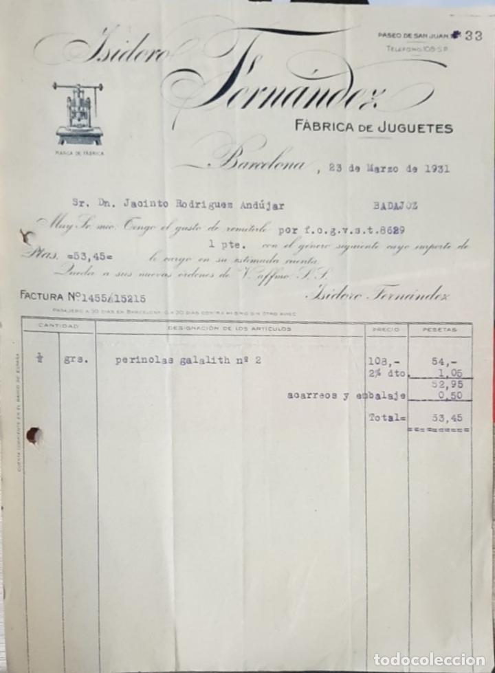 Faturas antigas: Factura. Isidoro Fern&aacute;ndez. F&aacute;brica de juguetes. Barcelona 1931
