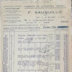 Fatture antiche: FACTURA. F. SAUQUILLO. FÁBRICA DE JUGUETES SPORT. DENIA 1933