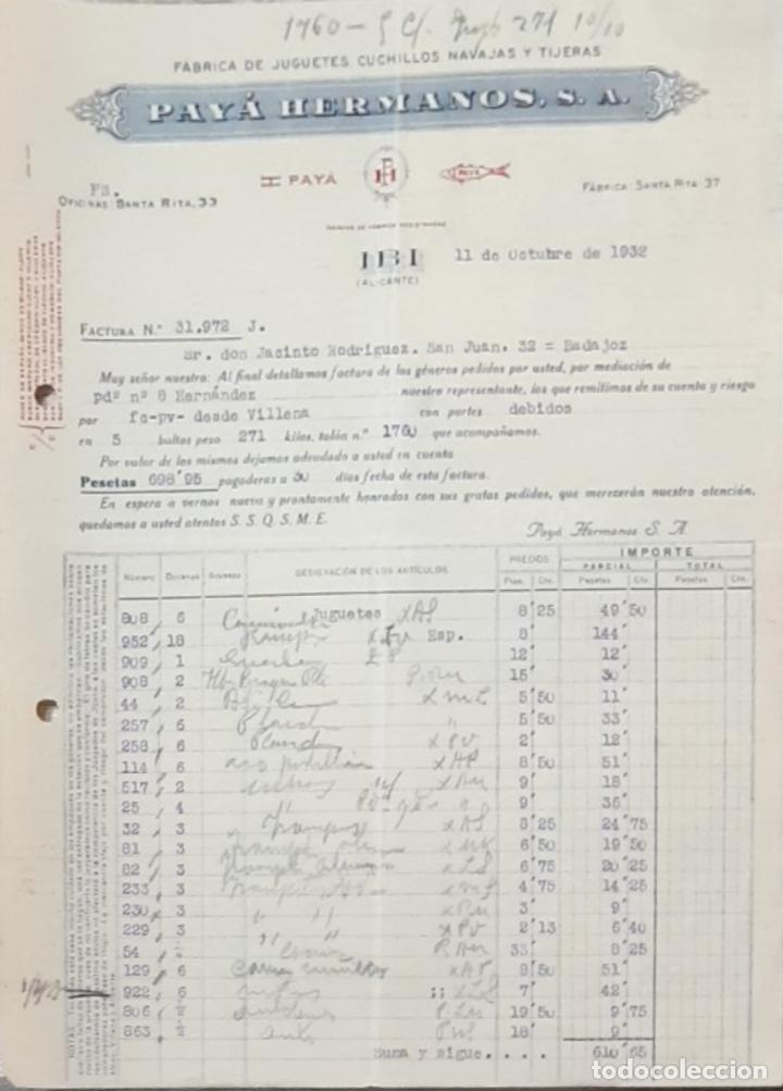 Facturas antiguas: Factura. Pay&aacute; Hermanos S.A. F&aacute;brica de juguetes, cuchillos, navajas y tijeras. Alicante 1932