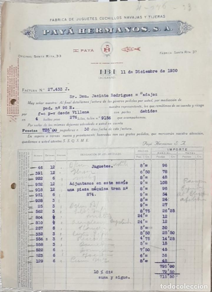 Facturas antiguas: Factura. Pay&aacute; Hermanos S.A. F&aacute;brica de juguetes, cuchillos, navajas y tijeras. Alicante 1930