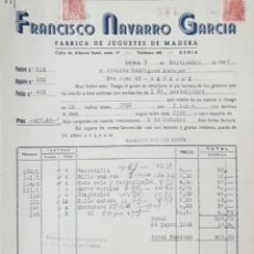 Fatture antiche: FACTURA. FRANCISCO NAVARRO GARCÍA. FÁBRICA DE JUGUETES DE MADERA. DENIA 1947