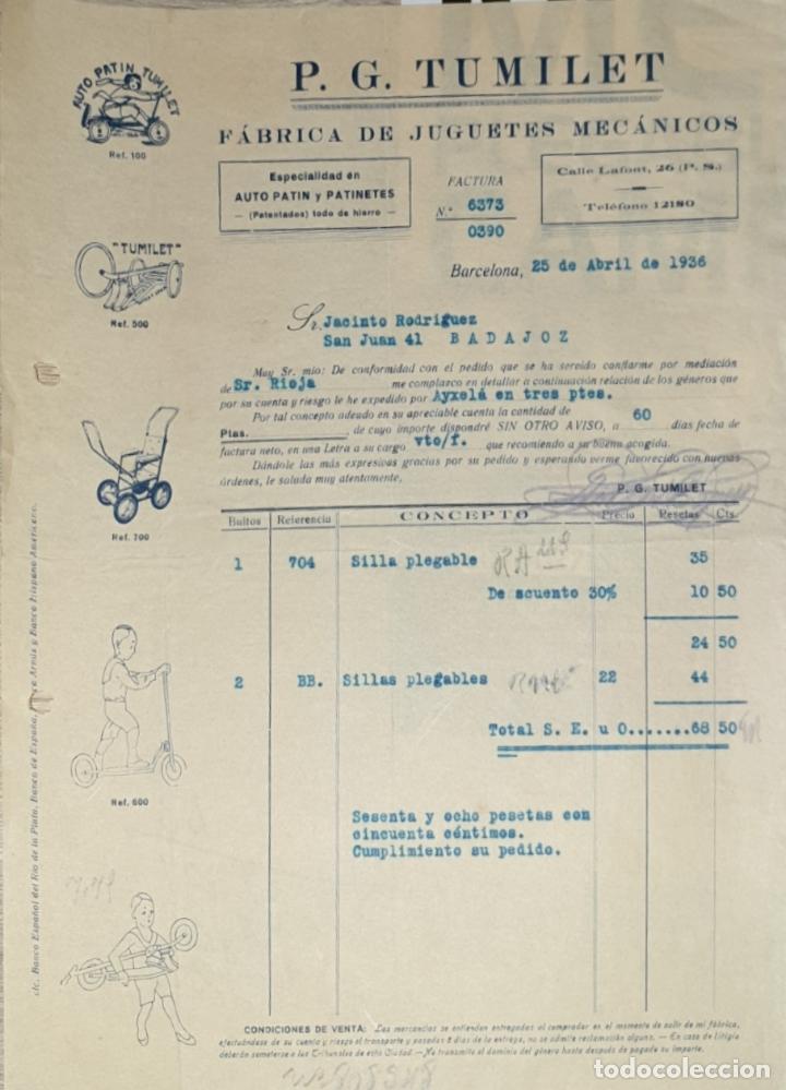 Faturas antigas: Factura. P.G. Tumilet. F&aacute;brica de juguetes mec&aacute;nicos. Barcelona 1936