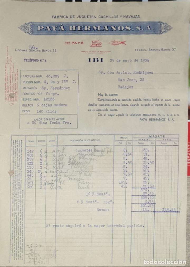 Facturas antiguas: Factura. Pay&aacute; Hermanos S.A. F&aacute;brica de juguetes, cuchillos, navajas y tijeras. Alicante 1936