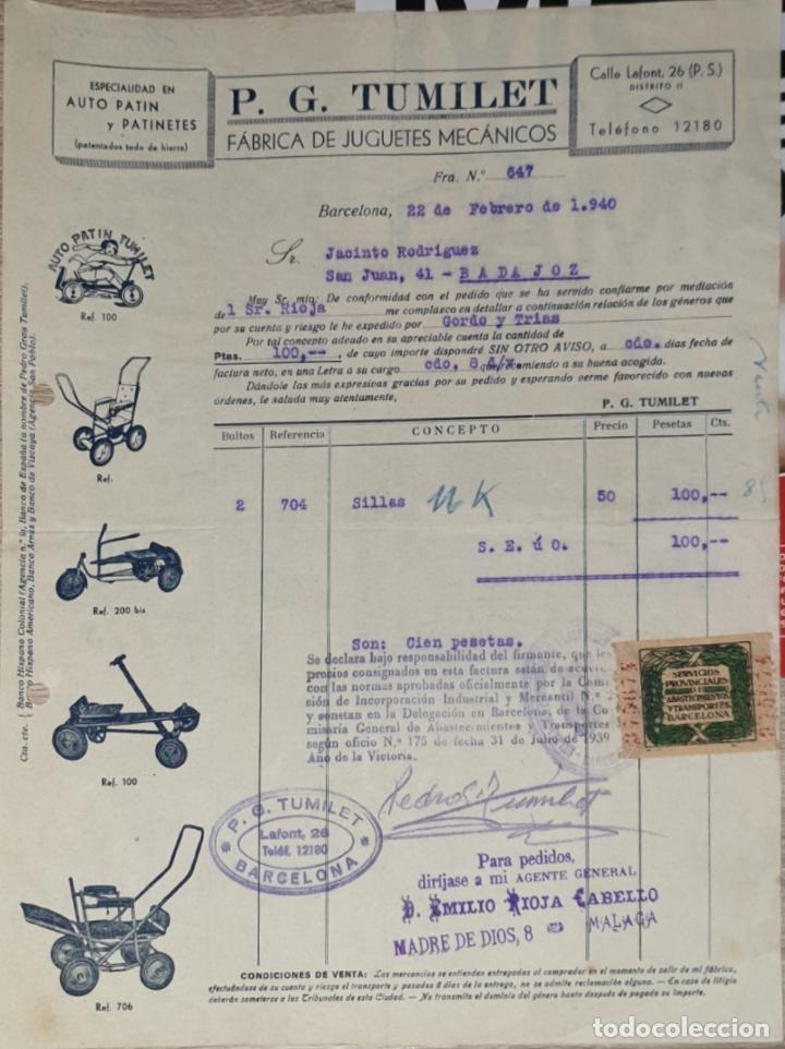 Fatture antiche: Factura. P.G. Tumilet. F&aacute;brica de juguetes mec&aacute;nicos. Barcelona 1940