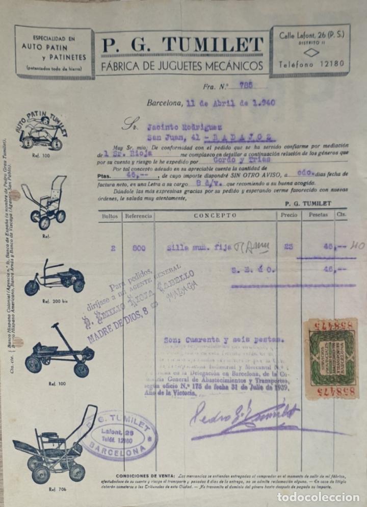 Fatture antiche: Factura. P.G. Tumilet. F&aacute;brica de juguetes mec&aacute;nicos. Barcelona 1940