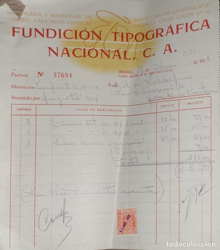 Alte Rechnungen: Factura. Fundici&oacute;n Tipogr&aacute;fica Nacional C.A. Madrid 1953