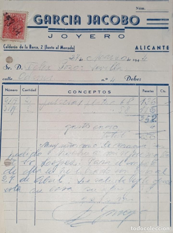 Facturas antiguas: Factura. Garc&iacute;a Jacobo. Joyero. Alicante 1944
