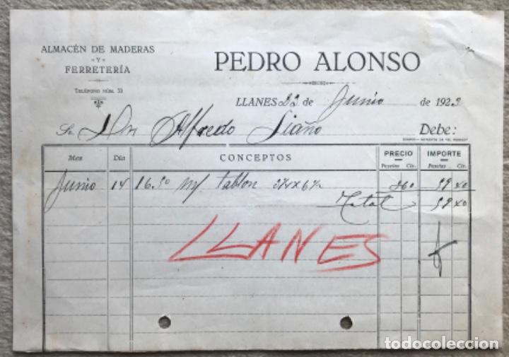 Facturas antiguas: Albar&aacute;n de Pedro Alonso - almac&eacute;n de maderas y ferreter&iacute;a - LLanes (Asturias) - A&ntilde;o 1923