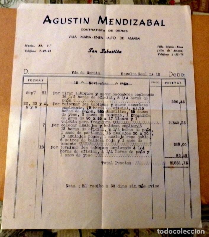 Facturas antiguas: SAN SEBASTIAN, 1950, FACTURA DE AGUSTIN MENDIZABAL, CONTRATISTA DE OBRAS