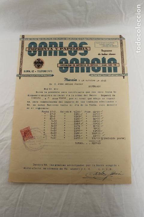 Alte Rechnungen: FACTURA CARLOS GARCIA, IMPRENTA Y PAPELERIA, MURCIA 1943