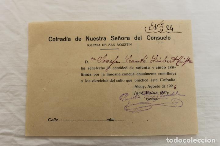 Facturas antiguas: RECIBO COFRADIA NUESTRA SE&Ntilde;ORA DEL CONSUELO, IGLESIA SAN AGUSTIN ALCOY 1926