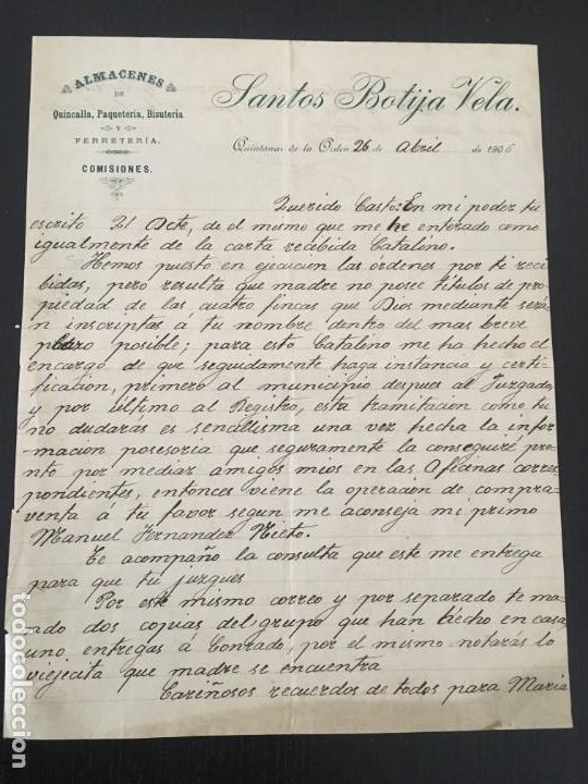 Facturas antiguas: (M2) FACTURA MEMBRETE - QUINTANAR DE LA ORDEN 1906 ALMACENES QUINCALLAS, PAQUERIA, SANTOS BOTIJA