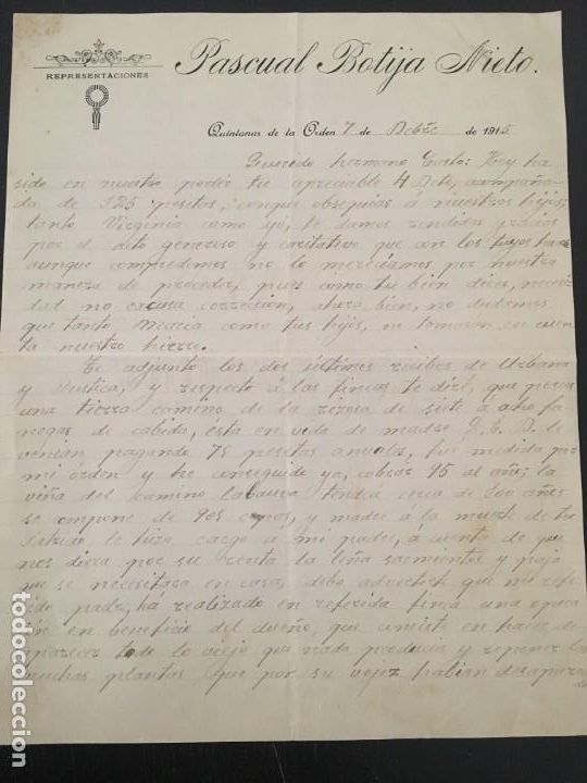 Facturas antiguas: (M2) FACTURA MEMBRETE - QUINTANAR DE LA ORDEN 1915 - REPRESENTACIONES PASCUAL BOTIJA NIETO