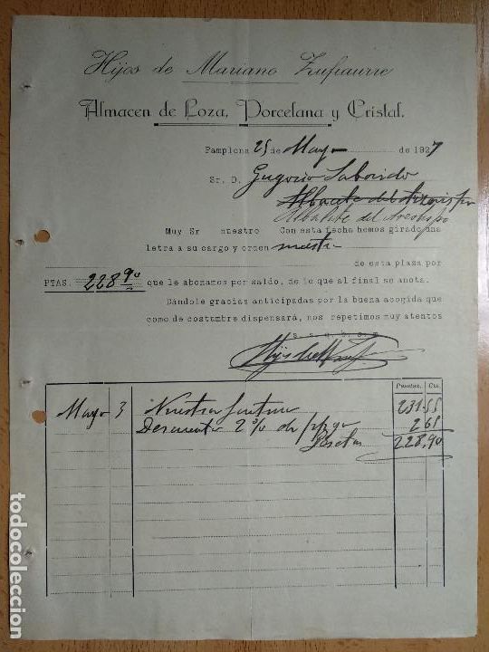 Facturas antiguas: FACTURA / ALMACEN DE PORCELANA, LOZA, CRISTAL / HIJOS DE MARIANO ZUFIAURRE / PAMPLONA 1927 / NAVARRA