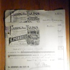 Facturas antiguas: FACTURA + RECIBO - FÁBRICA DE TOLDOS E. PORRES, CALLE PALMA 53 - MADRID - AÑO 1952