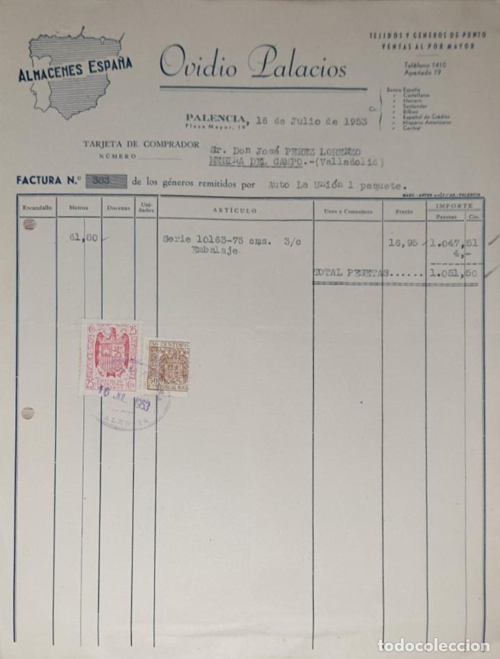 Facturas antiguas: Factura. Ovidio Palacios. Almacenes Espa&ntilde;a. Palencia 1953