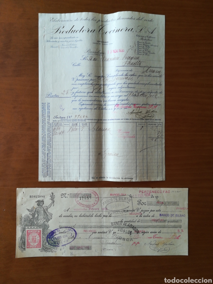 Facturas antiguas: Factura 1930 productora tocinera barcelona - Foto 1