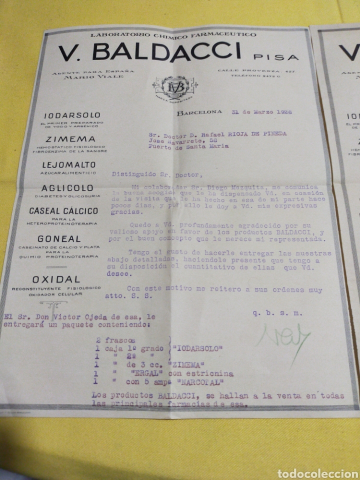 Facturas antiguas: ANTIGUAS FACTURAS V.BALDACCI PISA 1928 - Foto 2
